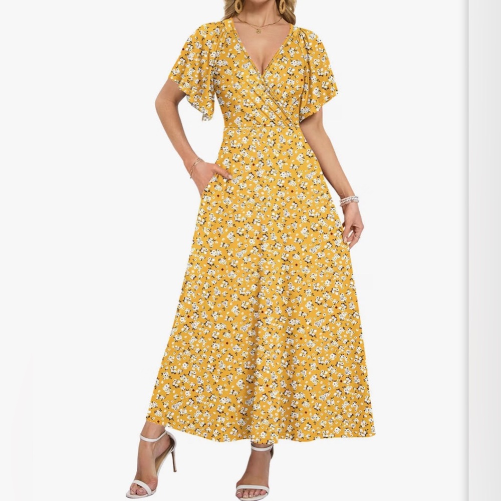 Yellow Floral Maxi Wrap Dress with V-Neck